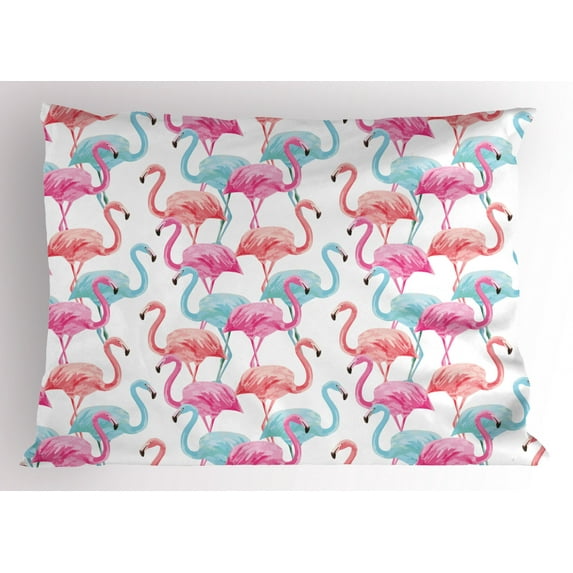 Ambesonne Watercolor Pillow Sham, Hawaii Flamingos, 26" X 20", Pale Blue Salmon Pink