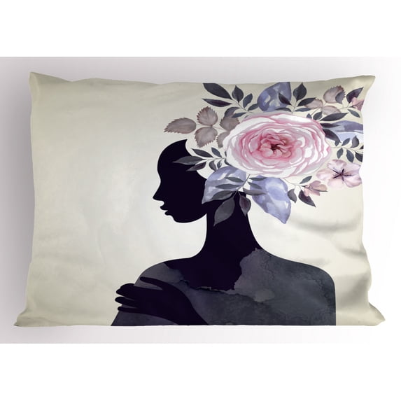 Ambesonne Watercolor Pillow Sham, Lady Flower Feminine, 36" X 20", Dark Purple Pink Beige