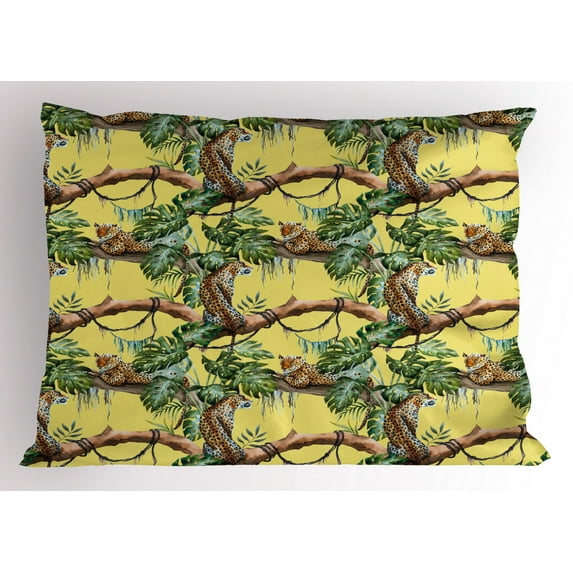 Ambesonne Watercolor Pillow Sham, Leopards in Jungle, 26" X 20", Yellow Green Pale Yellow