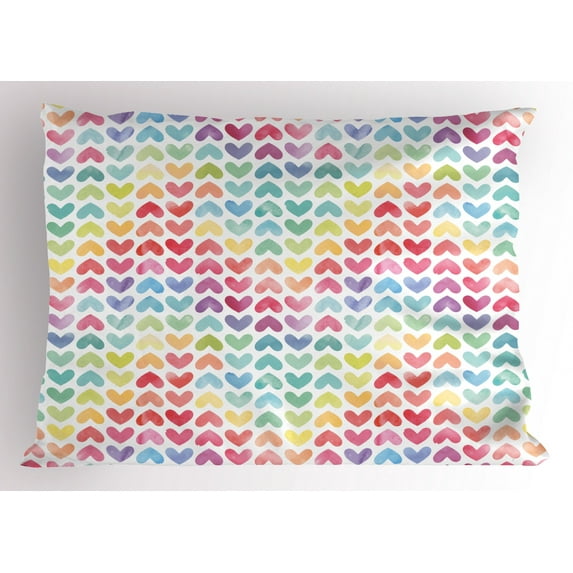 Ambesonne Watercolor Pillow Sham, Paintbrush Effect Hearts, 26" X 20", Multicolor