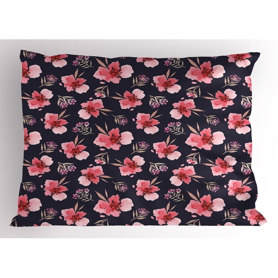 Ambesonne Watercolor Pillow Sham, Pink Garden Flora, 26" X 20", Navy Blue Coral