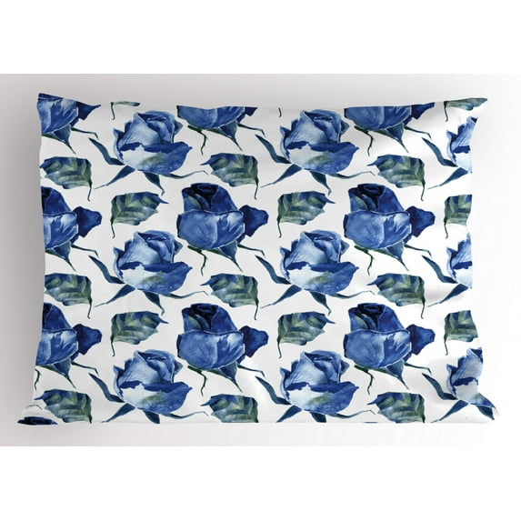Ambesonne Watercolor Pillow Sham, Roses with Leaves, 36" X 20", Violet Blue Slate Blue