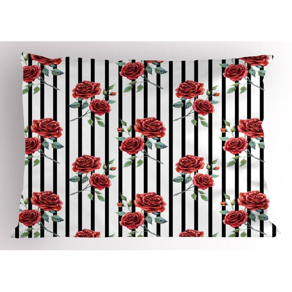 Ambesonne Watercolor Pillow Sham, Valentines Day Rose, 26" X 20", Ruby Reseda Green Black