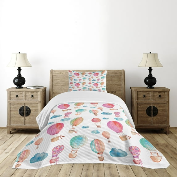 Ambesonne Watercolor Quilted Bedspread Set 2 Pcs, Air Balloons Clouds, Twin Size, Blue Pink Coral