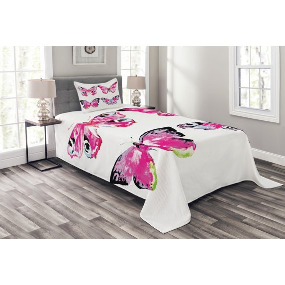 Ambesonne Watercolor Quilted Bedspread Set 2 Pcs, Butterflies Spring Time, Twin Size, Pale Blue Black Pink