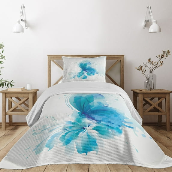 Ambesonne Watercolor Quilted Coverlet 2 Pcs, Butterfly on Flower, Twin Size, Blue Sky Blue White