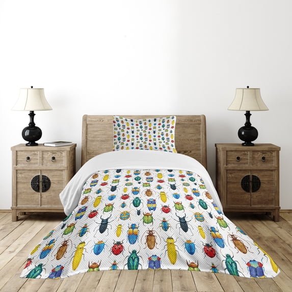 Ambesonne Watercolor Quilted Bedspread Set 2 Pcs, Colorful Insects, Twin Size, Multicolor
