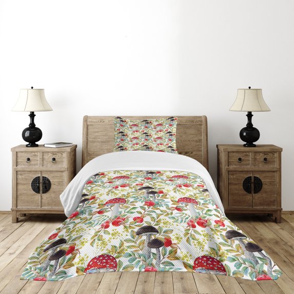 Ambesonne Watercolor Quilted Bedspread Set 2 Pcs, Dogrose and Amantia, Twin Size, Multicolor