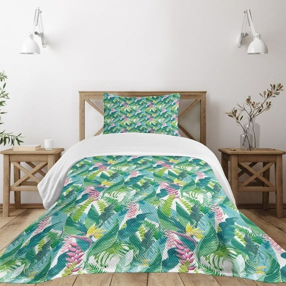 Ambesonne Watercolor Quilted Bedspread Set 2 Pcs, Exotic Jungle Hawaii, Twin Size, Green Pink White