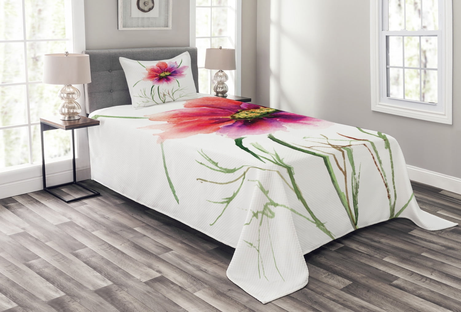 White Quilted Twin Bedspread Set with Pillow Sham