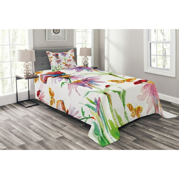 Ambesonne Watercolor Quilted Bedspread Set 2 Pcs, Flower Butterfly Bug, Twin Size, Multicolor