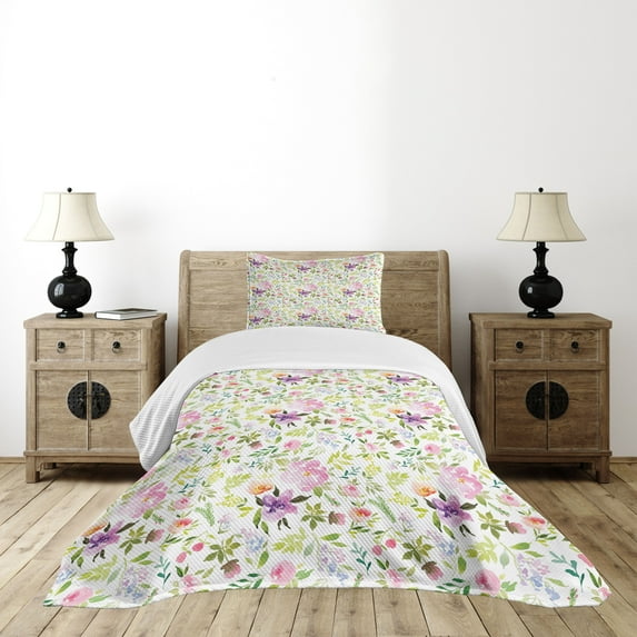 Ambesonne Watercolor Quilted Bedspread Set 2 Pcs, Gentle Spring Floral, Twin Size, Multicolor