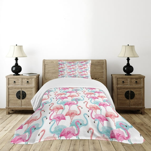 Ambesonne Watercolor Quilted Bedspread Set 2 Pcs, Hawaii Flamingos, Twin Size, Pale Blue Salmon Pink
