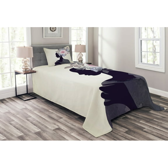 Ambesonne Watercolor Quilted Bedspread Set 2 Pcs, Lady Flower Feminine, Twin Size, Dark Purple Pink Beige