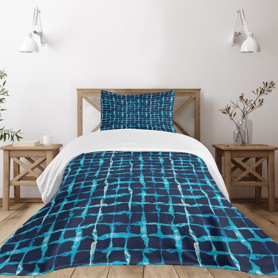 Ambesonne Watercolor Quilted Bedspread Set 2 Pcs, Pool Inspired Design, Twin Size, Navy Blue Sky Blue