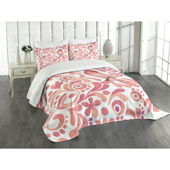 Ambesonne Watercolor Quilted Bedspread Set 3 Pcs, Bird on Branch, King Size, Coral Dried Rose White