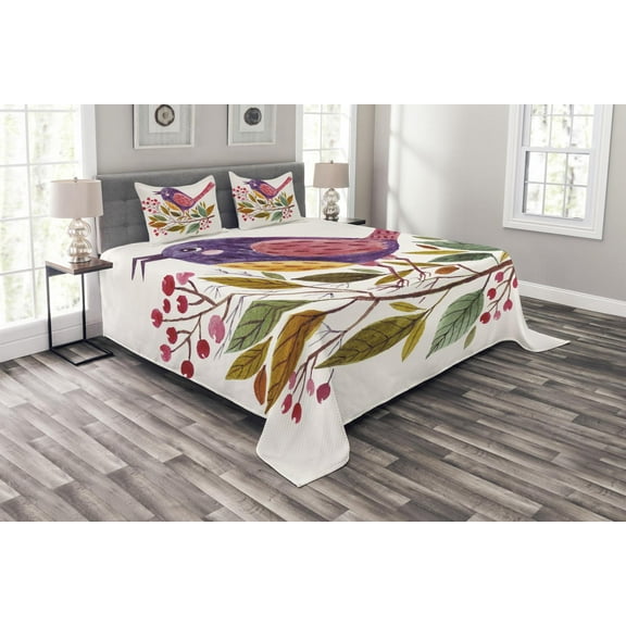Ambesonne Watercolor Quilted Bedspread Set 3 Pcs, Birds on a Branch, Queen Size, Purple Fern Green