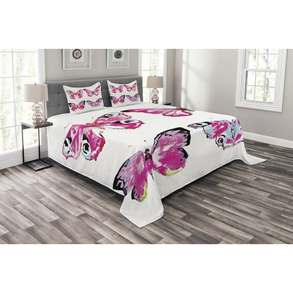 Ambesonne Watercolor Quilted Bedspread Set 3 Pcs, Butterflies Spring Time, King Size, Pale Blue Black Pink