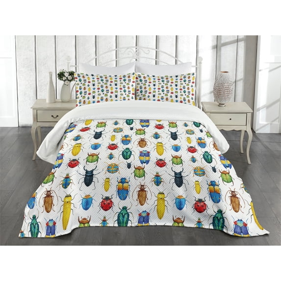 Ambesonne Watercolor Quilted Bedspread Set 3 Pcs, Colorful Insects, Queen Size, Multicolor