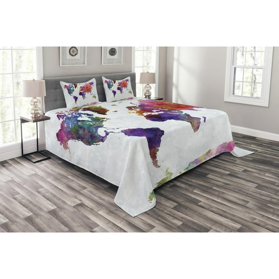 Ambesonne Watercolor Quilted Bedspread Set 3 Pcs, Colorful World Map, Queen Size, Multicolor