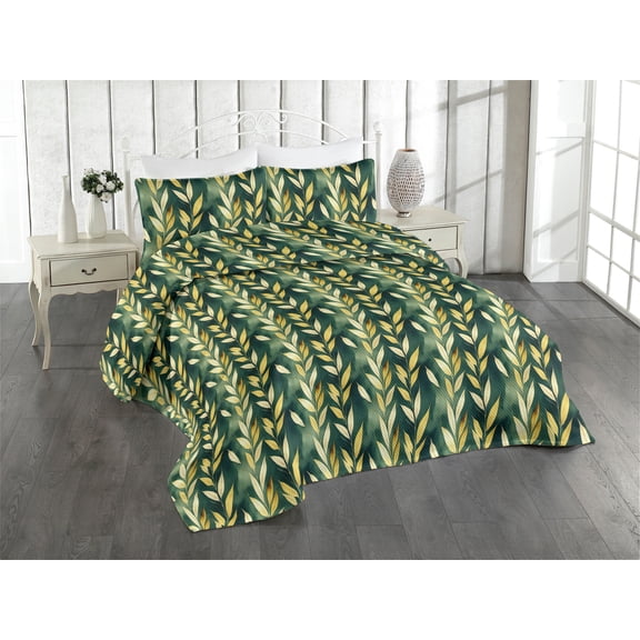 Ambesonne Watercolor Quilted Bedspread Set 3 Pcs, Falling Autumnal Leaves, Queen, Dark Teal and Pastel Yellow