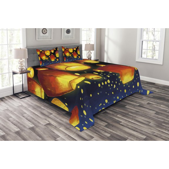 Ambesonne Watercolor Quilted Bedspread Set 3 Pcs, Floating Fanoos Chinese, King Size, Dark Blue and Orange