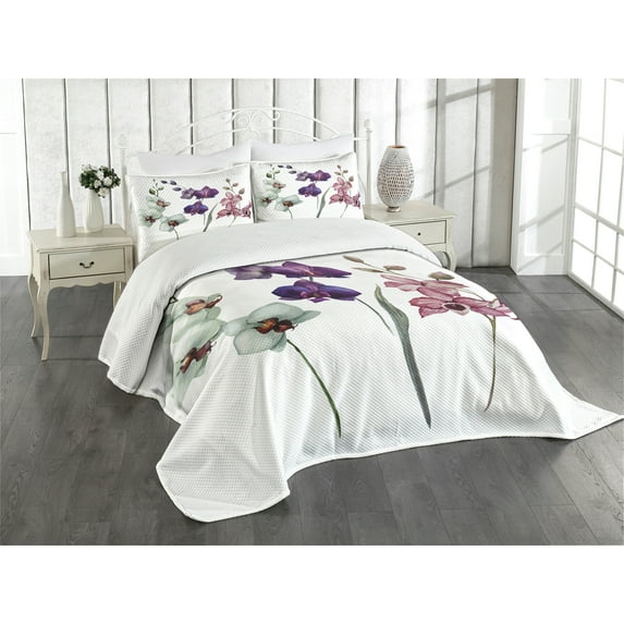 Ambesonne Watercolor Quilted Bedspread Set 3 Pcs, Flourishing Environment, Queen Size, Cream Violet Dried Rose