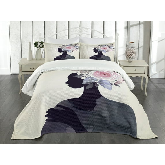 Ambesonne Watercolor Quilted Bedspread Set 3 Pcs, Lady Flower Feminine, King Size, Dark Purple Pink Beige