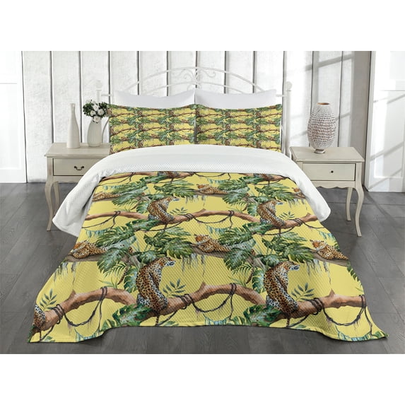 Ambesonne Watercolor Quilted Bedspread Set 3 Pcs, Leopards in Jungle, King Size, Yellow Green Pale Yellow
