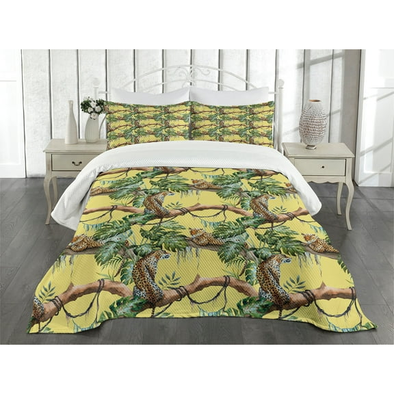 Ambesonne Watercolor Quilted Bedspread Set 3 Pcs, Leopards in Jungle, Queen Size, Yellow Green Pale Yellow