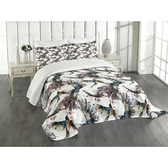 Ambesonne Watercolor Quilted Bedspread Set 3 Pcs, Lilly with Birds, Queen Size, Multicolor