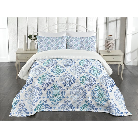 Ambesonne Watercolor Quilted Bedspread Set 3 Pcs, Moroccan Element, Queen Size, Sea Green Violet Blue