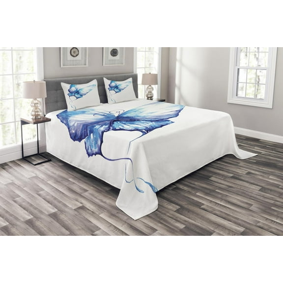 Ambesonne Watercolor Quilted Bedspread Set 3 Pcs, Nature Inspired Soft, Queen Size, Blue White