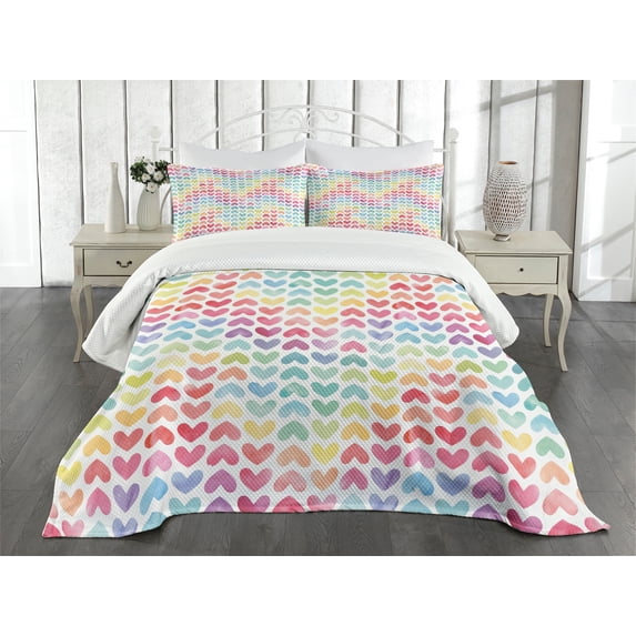 Ambesonne Watercolor Quilted Bedspread Set 3 Pcs, Paintbrush Effect Hearts, Queen Size, Multicolor