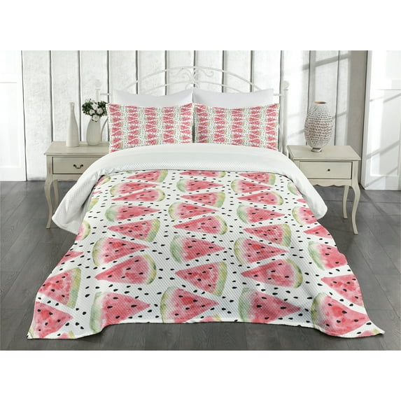 Ambesonne Watercolor Quilted Bedspread Set 3 Pcs, Pieces of Watermelon, Queen Size, Coral Pale Green Black