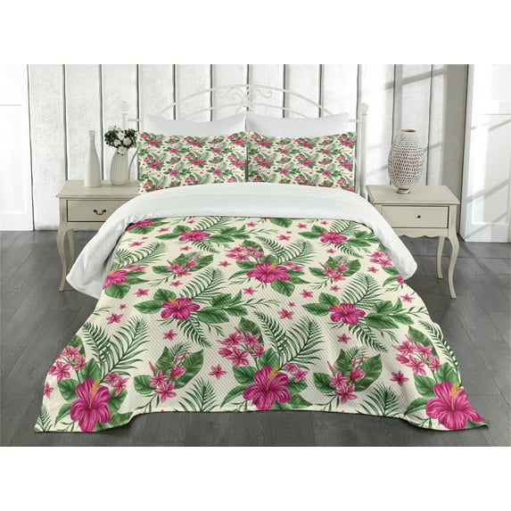 Ambesonne Watercolor Quilted Bedspread Set 3 Pcs, Plumeria Hibiscus, King Size, Magenta Cream Green
