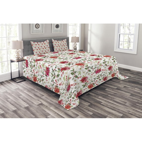 Ambesonne Watercolor Quilted Bedspread Set 3 Pcs, Poinsettia Rowan, King Size, Vermilion Green Magenta