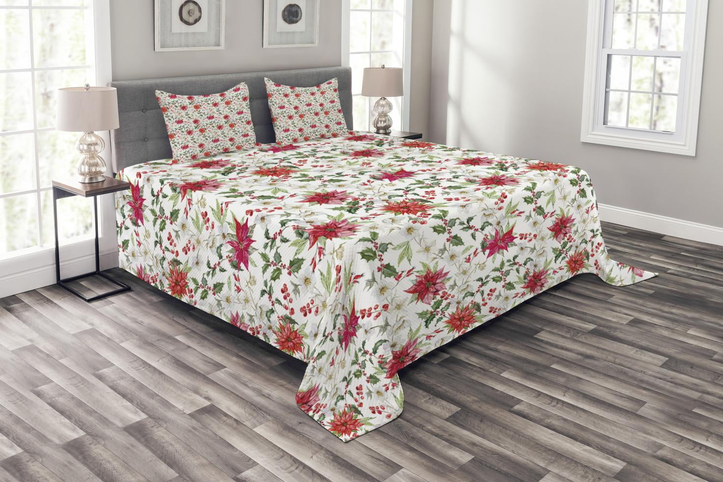 White Floral Microfiber Queen Bedspread Set with Pillow Shams