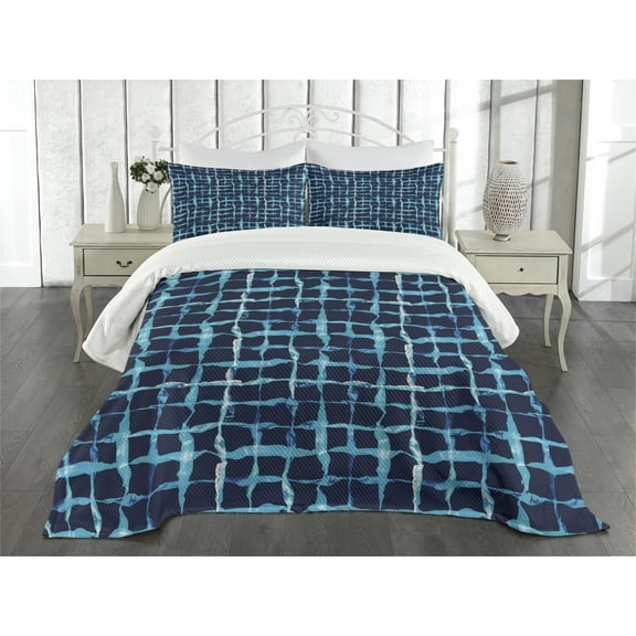 Ambesonne Watercolor Quilted Bedspread Set 3 Pcs, Pool Inspired Design, King Size, Navy Blue Sky Blue