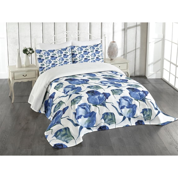 Ambesonne Watercolor Quilted Bedspread Set 3 Pcs, Roses with Leaves, Queen Size, Violet Blue Slate Blue