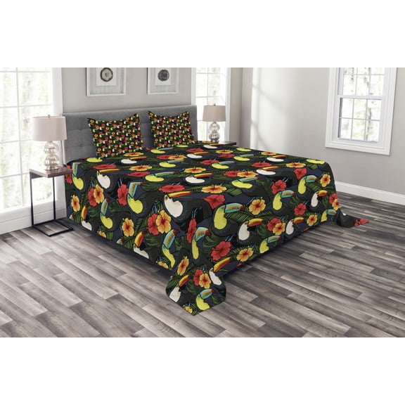 Ambesonne Watercolor Quilted Bedspread Set 3 Pcs, Toucan and Hibiscus, Queen Size, Multicolor