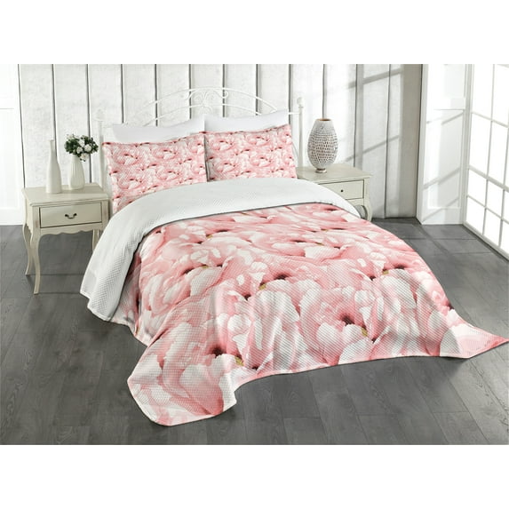 Ambesonne Watercolor Quilted Bedspread Set 3 Pcs, Vintage Flower Bloom, King Size, Pale Pink