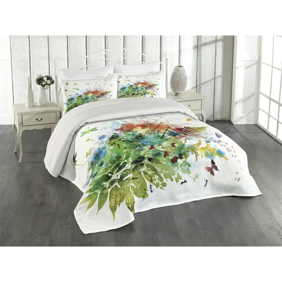 Ambesonne Watercolor Quilted Coverlet 2 Pcs, Floral Jungle Summer, Twin Size, Multicolor