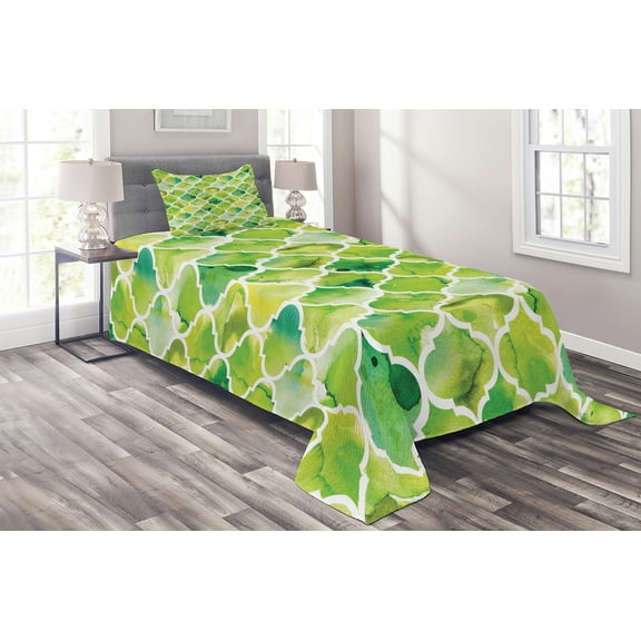 Ambesonne Watercolor Quilted Coverlet 2 Pcs, Moroccan Trellis, Twin Size, Lime Green Yellow White