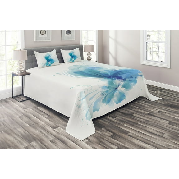 Ambesonne Watercolor Quilted Coverlet 3 Pcs, Butterfly on Flower, King Size, Blue Sky Blue White