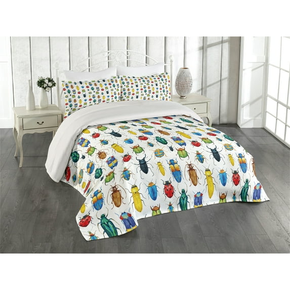 Ambesonne Watercolor Quilted Coverlet 3 Pcs, Colorful Insects, Queen Size, Multicolor