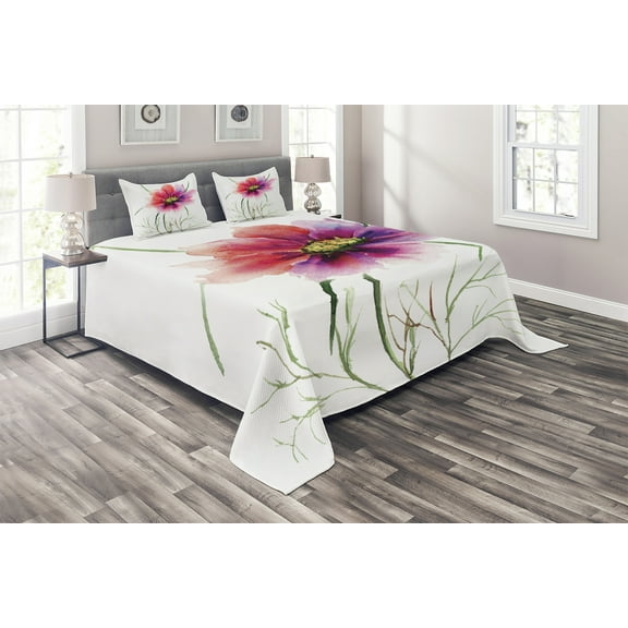 Ambesonne Watercolor Quilted Coverlet 3 Pcs, Floral Blossom Art, King Size, Dark Green Fuchsia Red