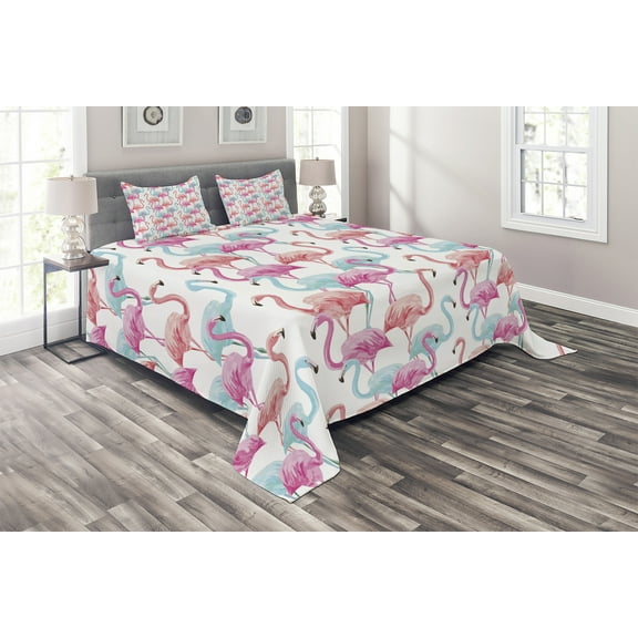 Ambesonne Watercolor Quilted Coverlet 3 Pcs, Hawaii Flamingos, King Size, Pale Blue Salmon Pink
