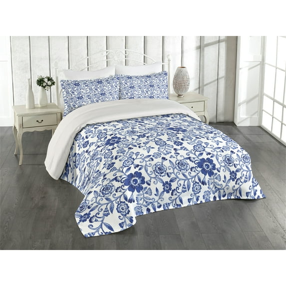 Ambesonne Watercolor Quilted Coverlet 3 Pcs, Vibrant Blue Flowers, King Size, Violet Blue White