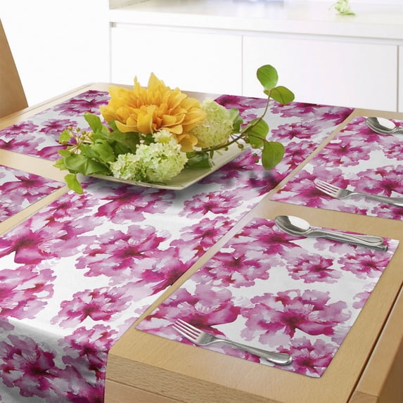 Ambesonne Watercolor Table Runner & Placemats, Abstract Peonies, Placemat 4 pcs + Runner 16"x90", Pink Magenta